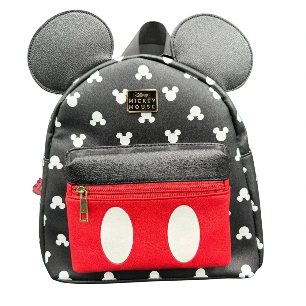 Disney Mickey Mouse Bioworld Mini Backpack Black White Polka Dot Red Pocket‎